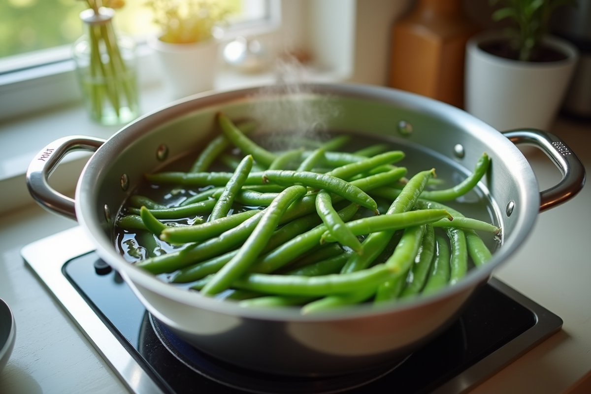 Haricots verts frais blanchis dans une casserole en cuisine