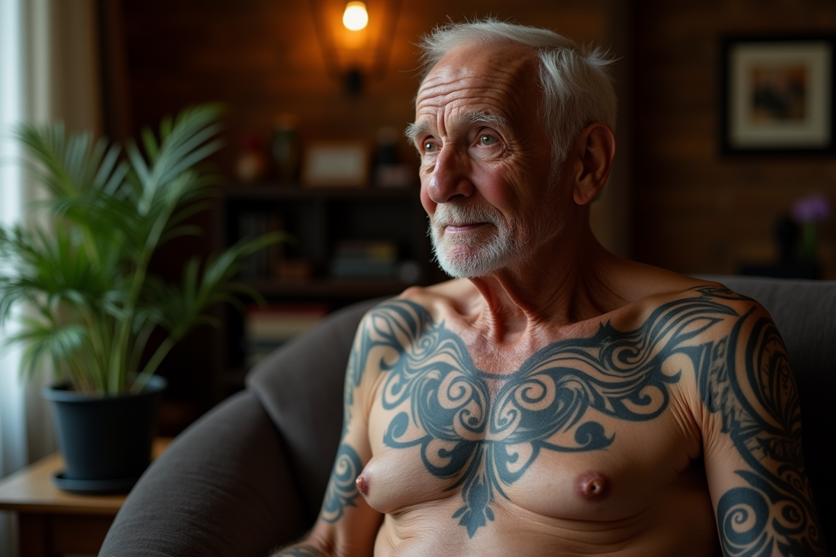 Homme âgé montrant tatouages tribaux sur poitrine et bras