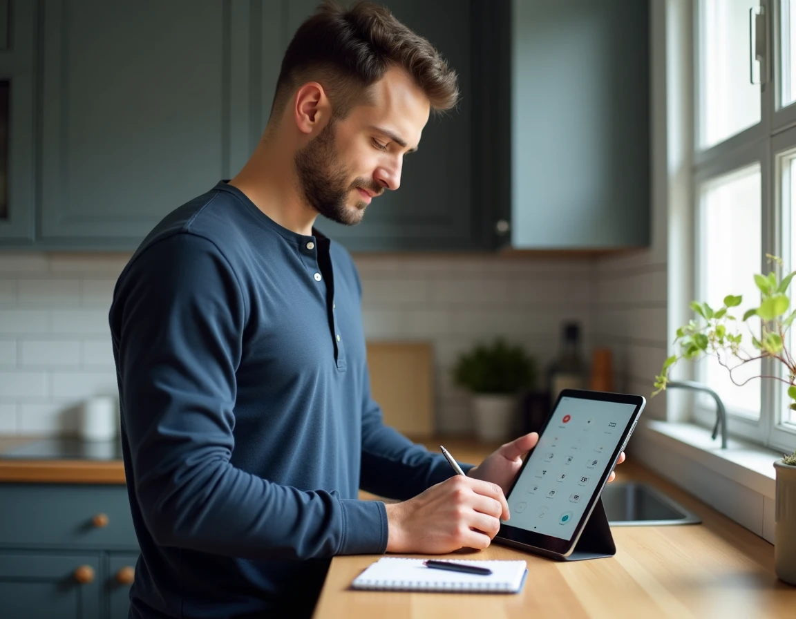 Homme consultant l'annuaire 118 712 sur tablette dans une cuisine moderne pour contacter un professionnel