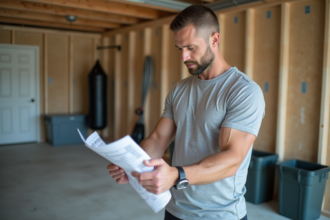Homme en tenue sportive examinant un plan dans un garage en construction