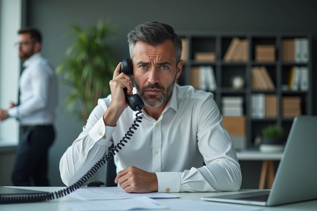 Homme au bureau regardant le téléphone d'un air méfiant après un appel frauduleux