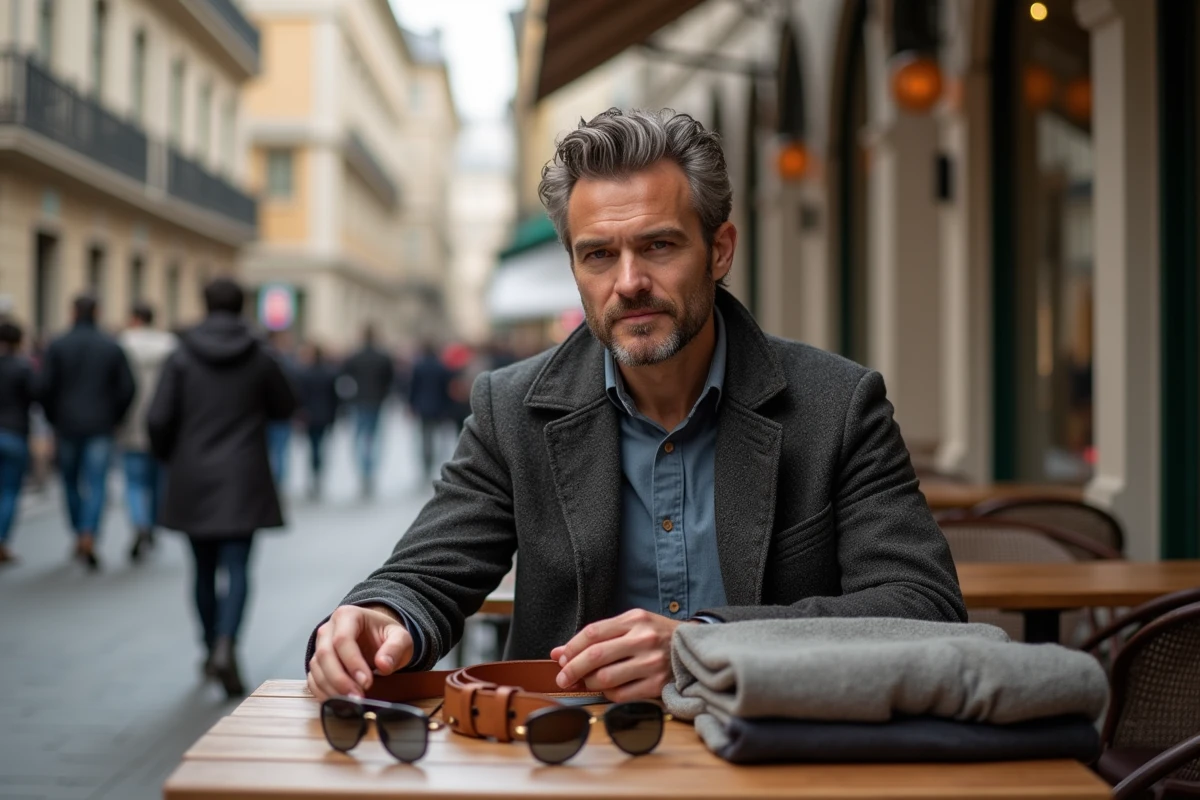Homme organise des accessoires sur une table en ville