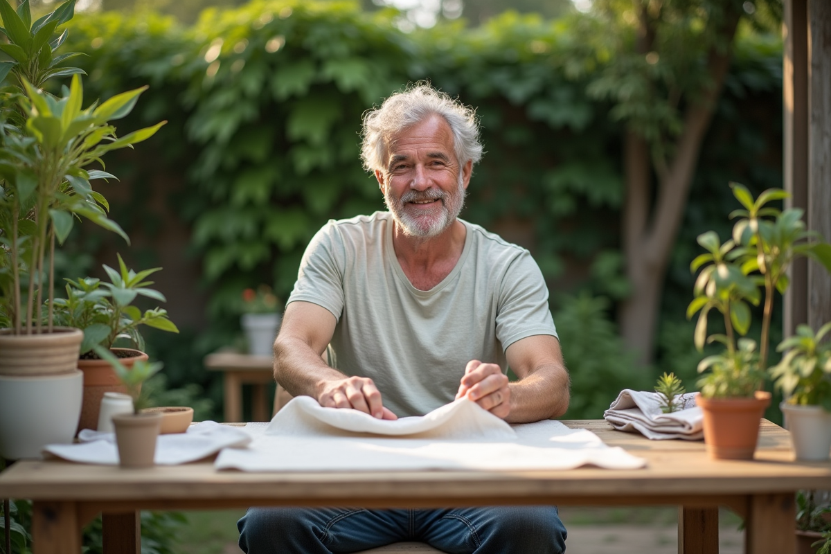 Homme testant des échantillons de tissu dans un jardin écologique