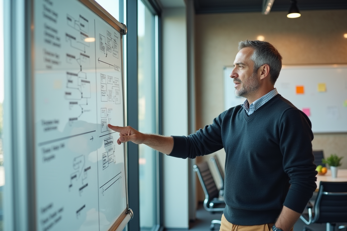 Homme en réunion expliquant un diagramme sur un tableau blanc