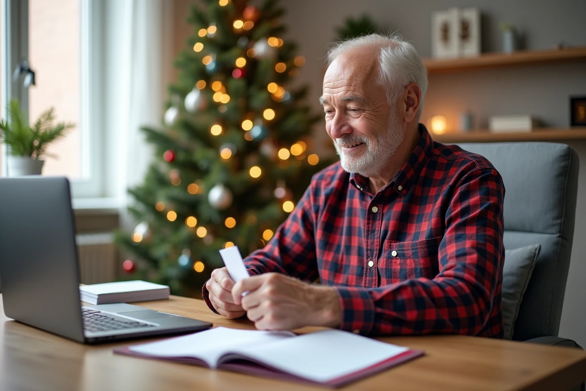 Homme âgé plie une carte de Noël dans un salon lumineux