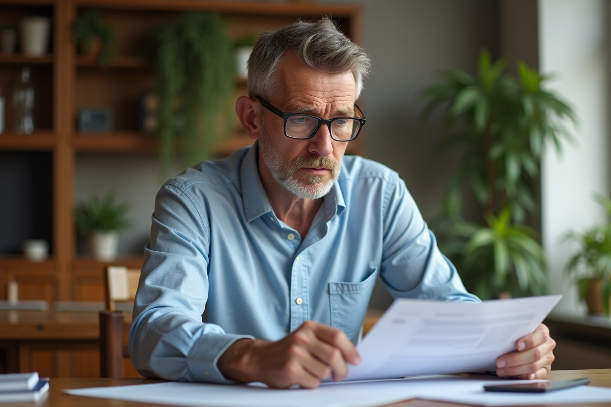 Homme à la maison analysant des états financiers