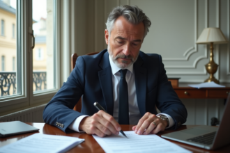 Homme français en costume examinant déclaration de revenus