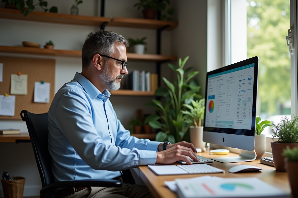 Homme d age moyen saisissant des donnees dans un bureau a domicile