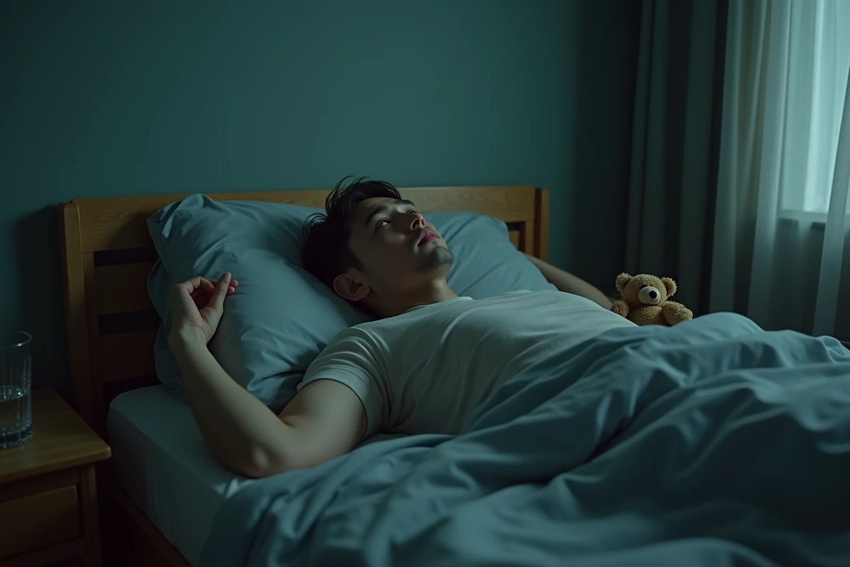 Homme aux yeux grands ouverts dans un lit sombre avec un ourson vintage, évoquant l'insomnie et l'anxiété des rêves