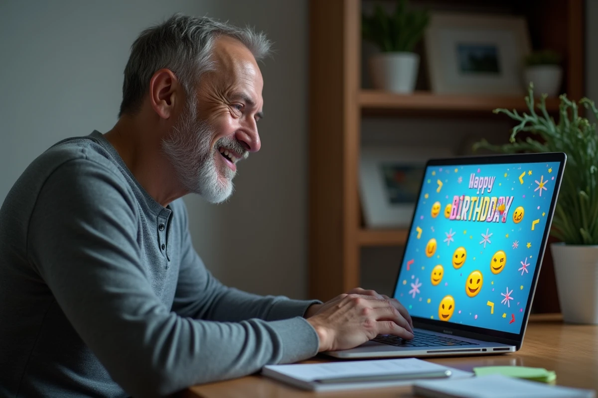 Homme amusé devant un ordinateur portable affichant une page d'anniversaire avec smileys animés et gifs