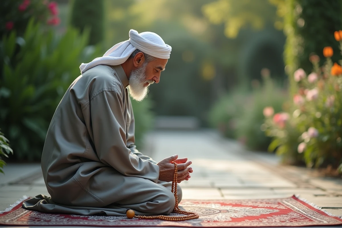 Homme priant dans un jardin avec un tapis et des perles