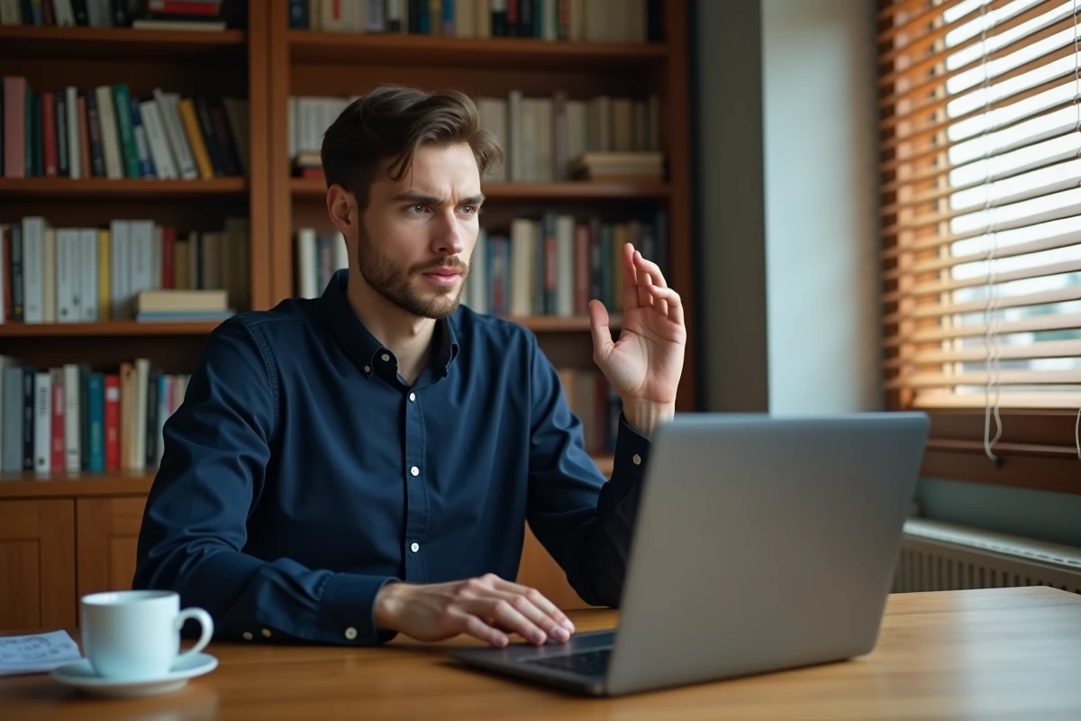 Homme refusant un appel téléphonique international suspect sur son ordinateur depuis son bureau à domicile