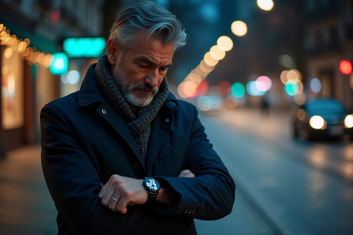 Homme regardant sa montre dans une rue urbaine la nuit