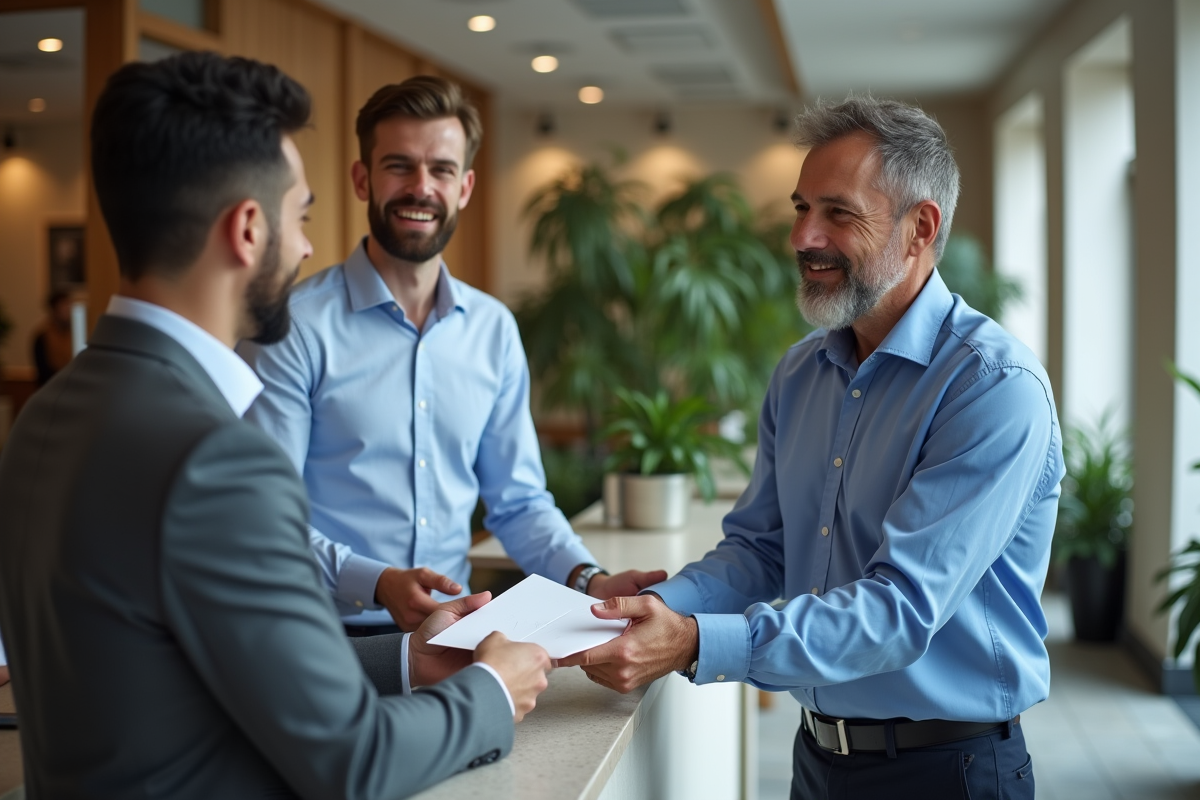 Homme d affaires remettant une enveloppe à un collègue