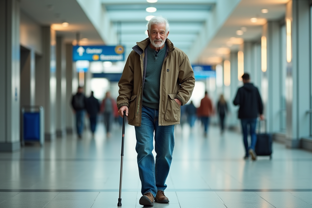 Homme âgé marche avec confiance dans un couloir intérieur lumineux