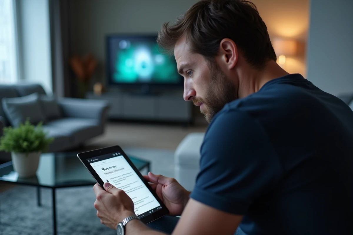 Homme lisant une solution de jeu Rooms and Exits sur une tablette dans son salon moderne