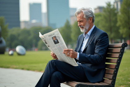 Homme d'âge moyen en costume dans un parc urbain