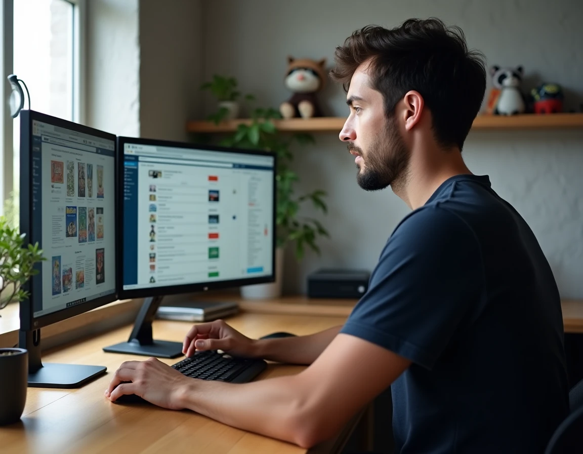 Homme gérant sa liste de scans manga sur ordinateur de bureau avec un tableau de suivi numérique