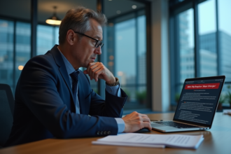 Homme d'âge moyen en costume bleu face à un ordinateur avec alerte cybersecurite