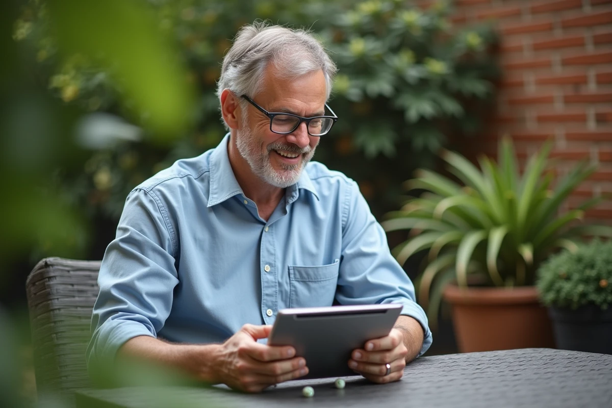 Homme en extérieur utilisant une tablette pour lancer des dés Monopoly