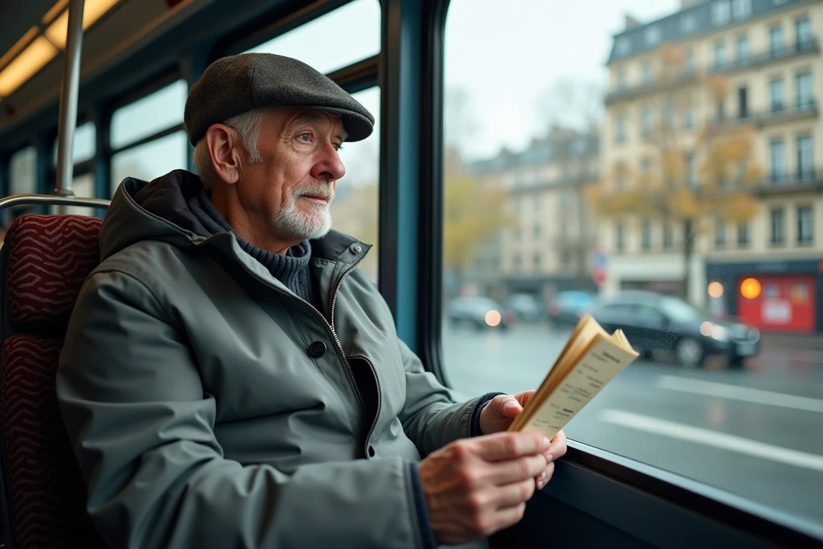 Homme âgé regardant par la fenêtre d’un bus parisien