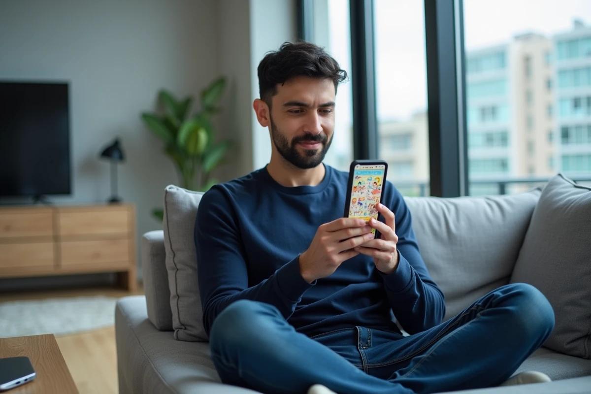 Homme parcourant un webtoon sur smartphone dans un salon minimaliste de style scandinave