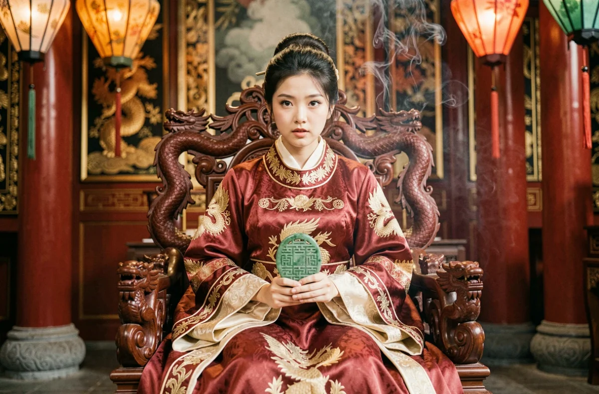 Impératrice en costume imperial rouge sur un trône sculpté, scène clé de la série manhua Invincible After Shocking My Empress Wife
