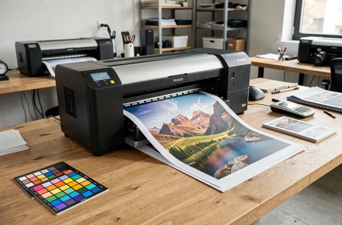 Imprimante photo professionnelle grand format sur table de travail dans un studio de post-production avec outils d'étalonnage couleur
