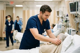 Jeune infirmier en blouse moderne dans un hôpital