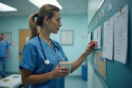 Infirmière en blouse bleue consultant un calendrier de mai affiché dans une salle de repos d'hôpital, illustrant la gestion des jours fériés en horaires décalés