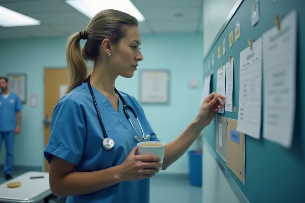 Infirmière en blouse bleue consultant un calendrier de mai affiché dans une salle de repos d'hôpital, illustrant la gestion des jours fériés en horaires décalés