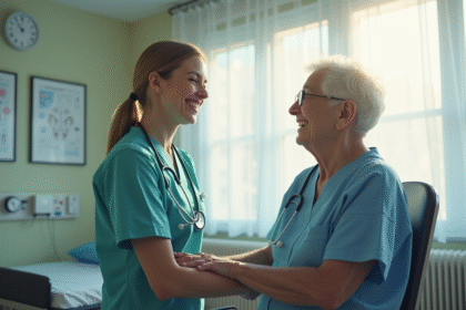 Infirmière compatissante soutenant un patient âgé dans une chambre lumineuse