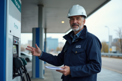 Ingénieur en veste de travail près d'une station hydrogene