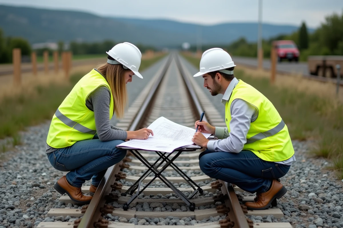 Ingénieurs ferroviaires consultant des plans sur un chantier de construction de voie ferrée en zone rurale française