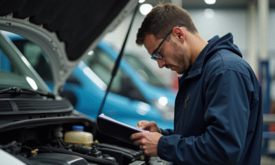 Mecanicien inspectant le moteur d'un véhicule utilitaire d'occasion