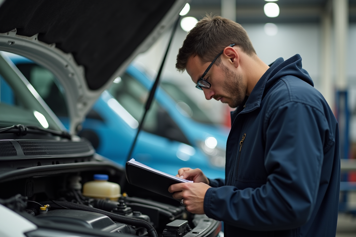Mecanicien inspectant le moteur d'un véhicule utilitaire d'occasion