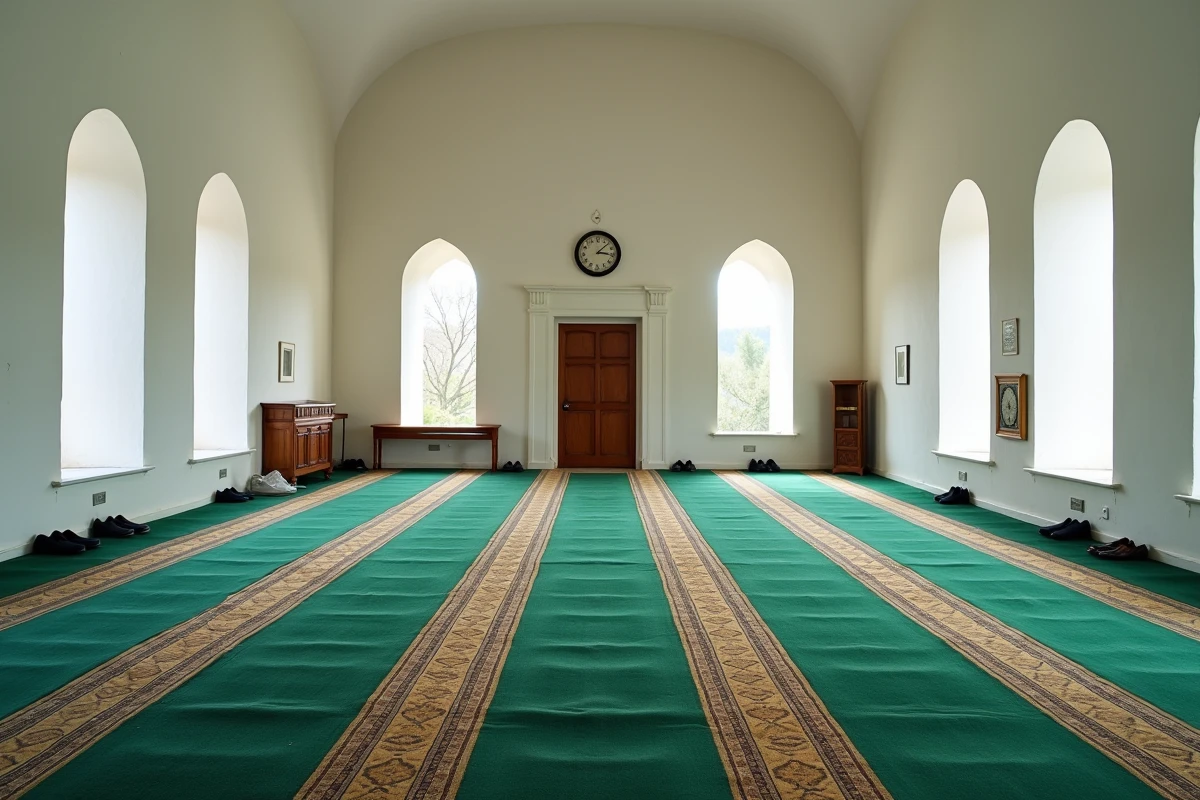 Intérieur d'une petite mosquée de quartier à Valenciennes avec des tapis de prière alignés et un mihrab en bois