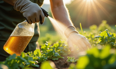 Personne avec gants de jardinage vaporisant un anti-mauvaises herbes maison dans le jardin