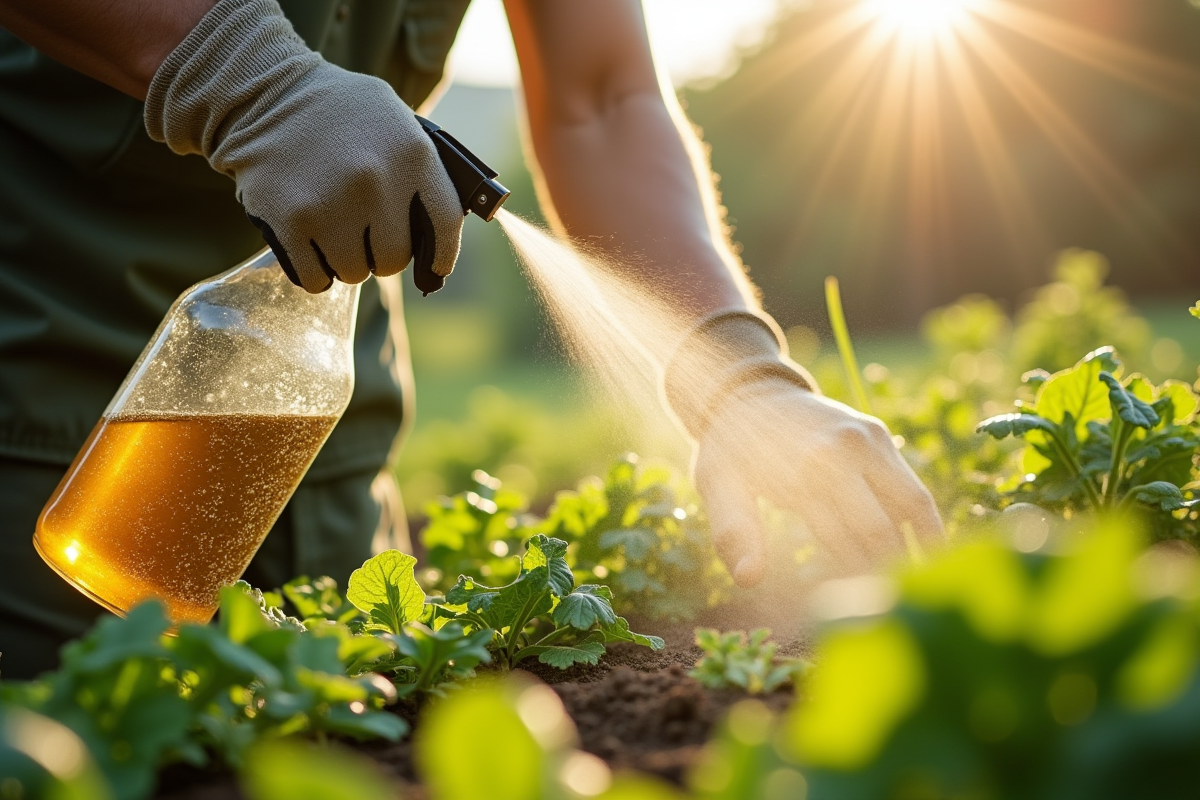 Personne avec gants de jardinage vaporisant un anti-mauvaises herbes maison dans le jardin