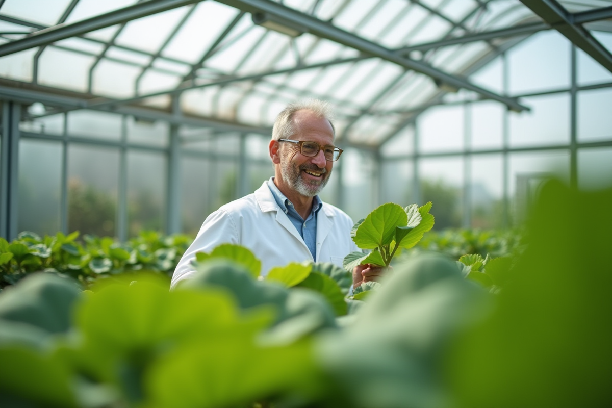 Jardinier souriant examinant des plantes vertes dans une serre lumineuse