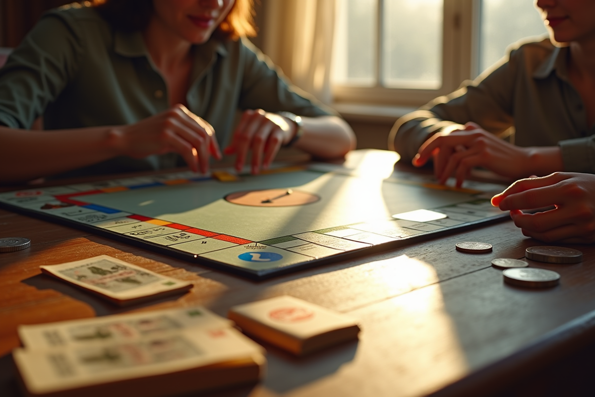 Jeu Monopoly classique avec billets français sur une table en bois