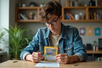 Jeune adulte examinant une carte Dracaufeu Pokémon avec loupe