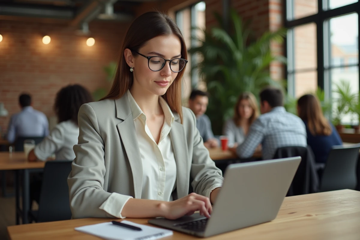 Jeune avocate utilisant une tablette dans un espace de coworking