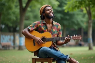 Jeune chanteur reggae assis avec guitare dans un parc urbain