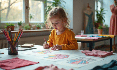 Jeune fille créant des dessins de mode dans un studio lumineux
