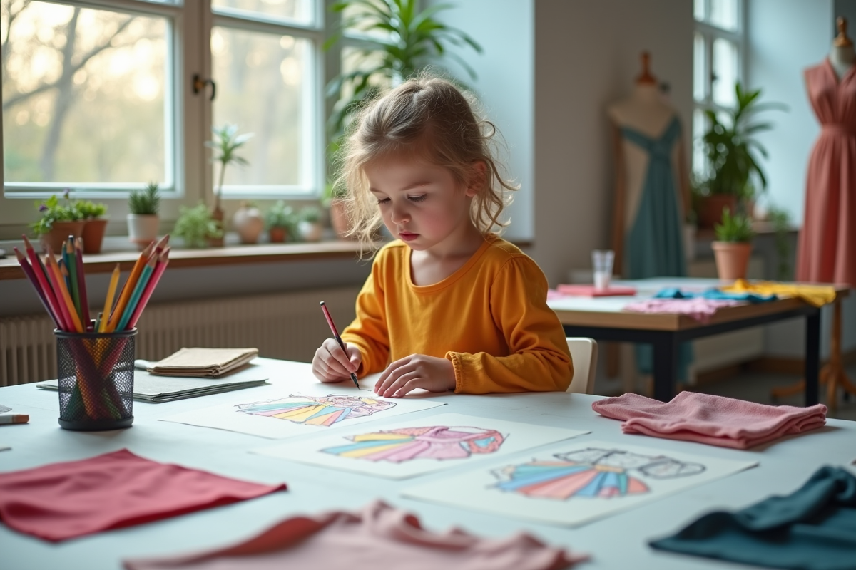 Jeune fille créant des dessins de mode dans un studio lumineux