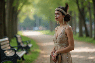 Jeune femme en robe flapper dans un parc urbain