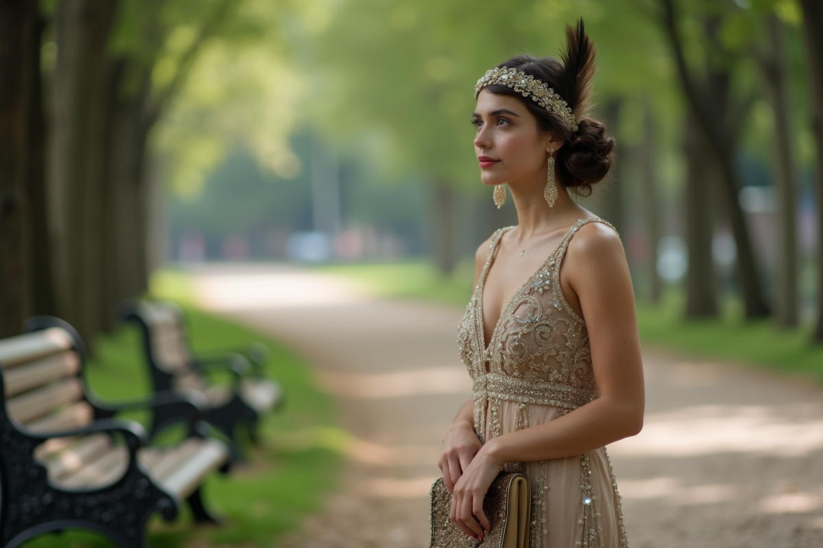 Jeune femme en robe flapper dans un parc urbain