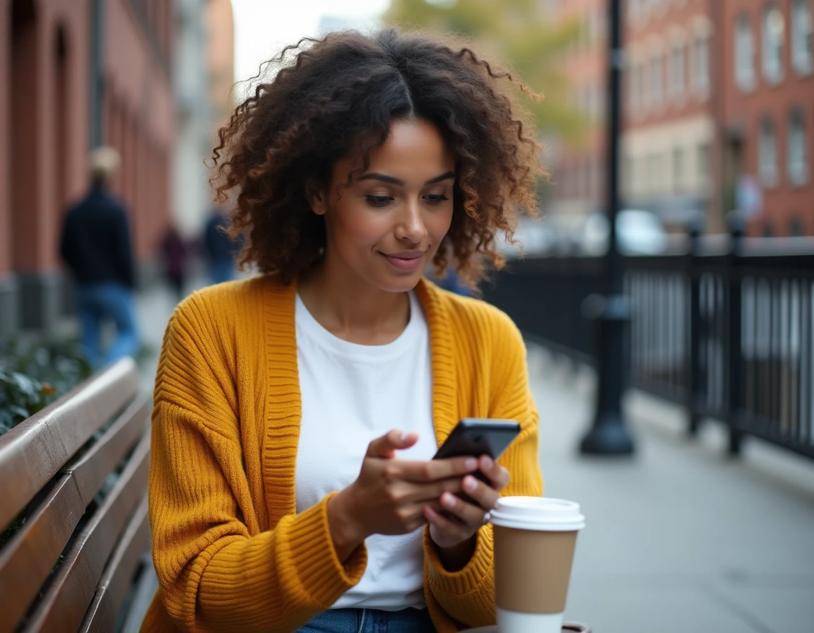 Jeune femme cherchant un professionnel via l'annuaire téléphonique 118 712 sur son smartphone en ville