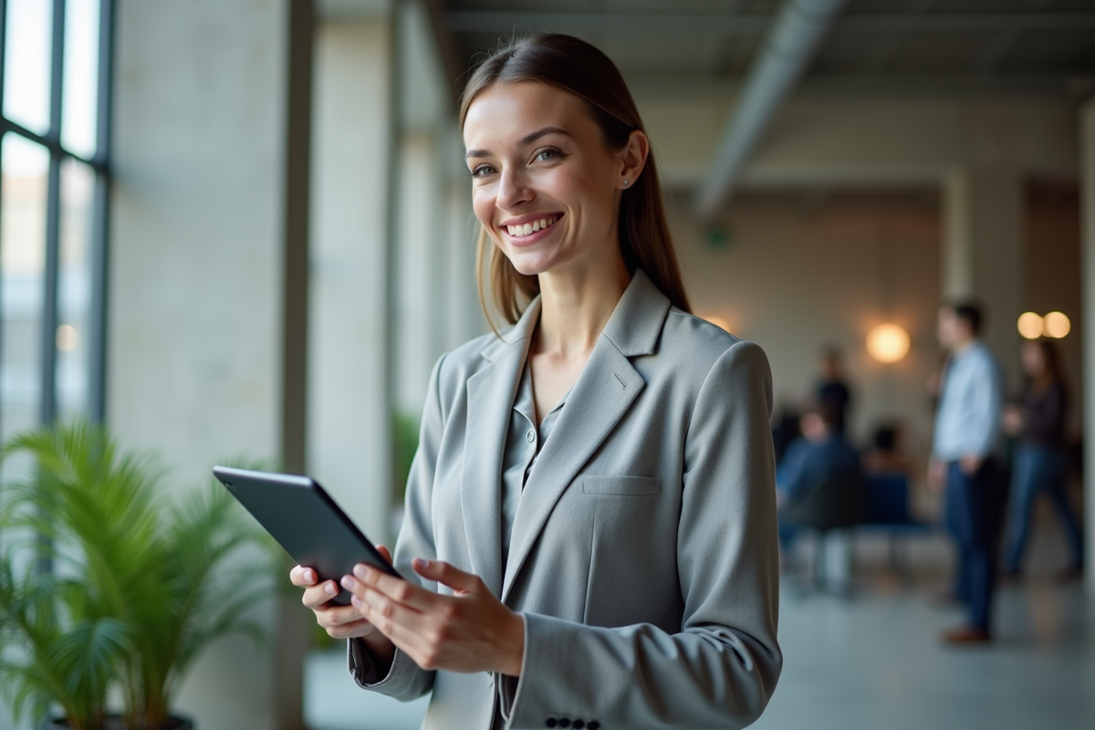 Jeune femme asset manager avec tablette en coworking